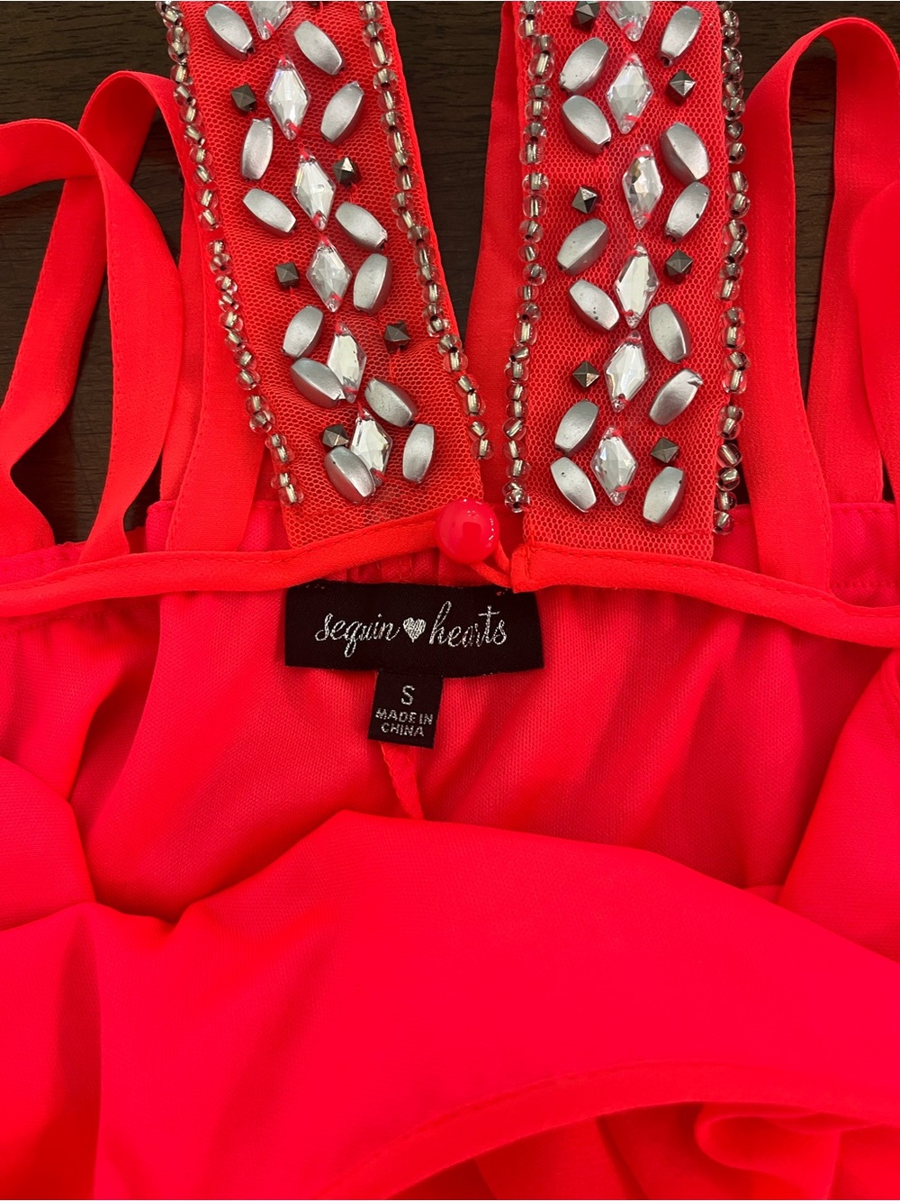 Sequin Hearts Neon Coral Beaded Back Strap Dress Flowy Halter Sz Small NWT - Picture 2 of 8